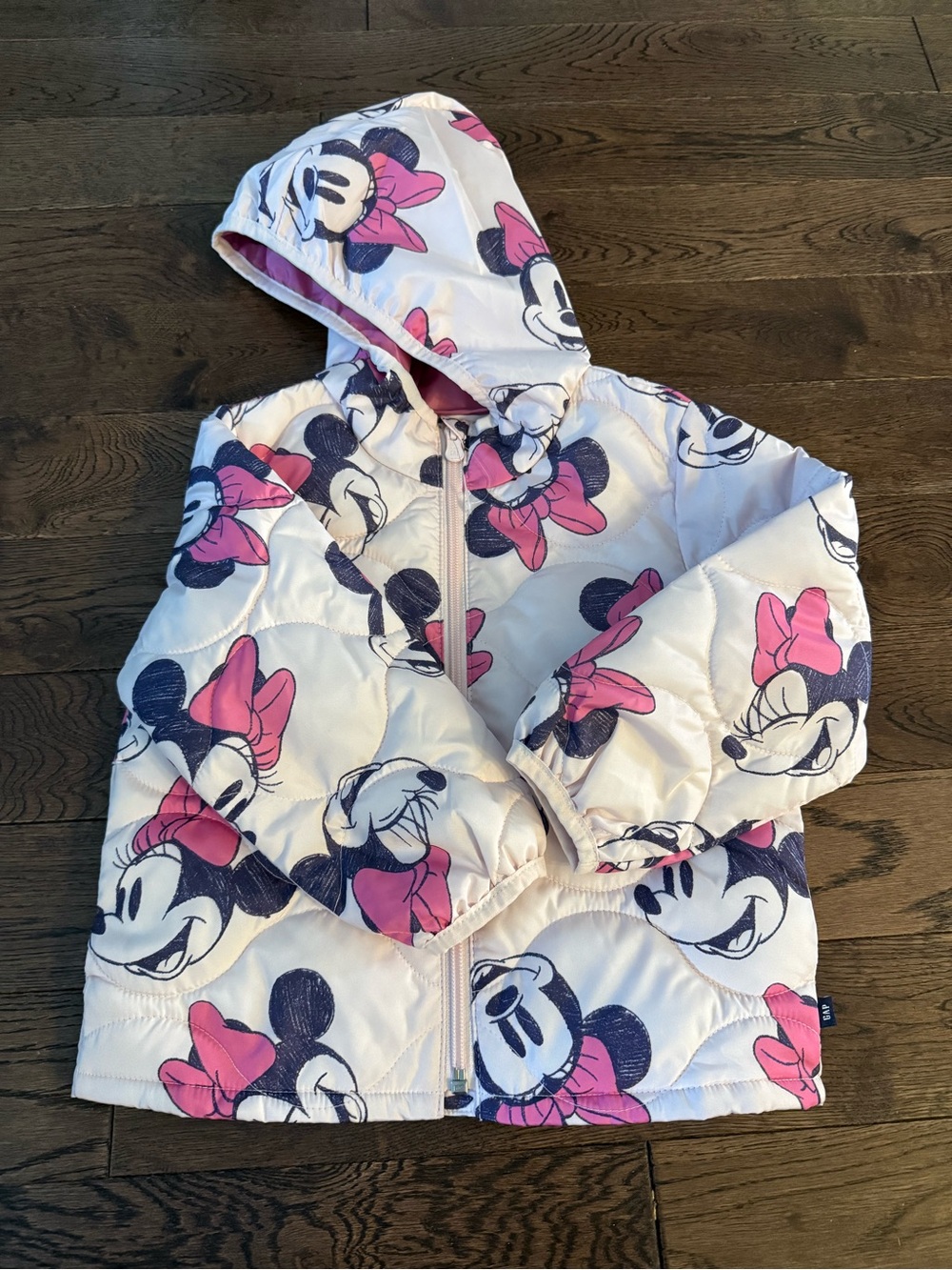 GAP White Hooded Puffer Jacket with Pink Minnie Mouse Print
